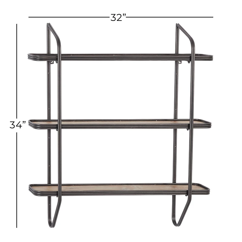 Gray Metal and Wood Industrial Wall Shelves, 34" x 32" x 6"