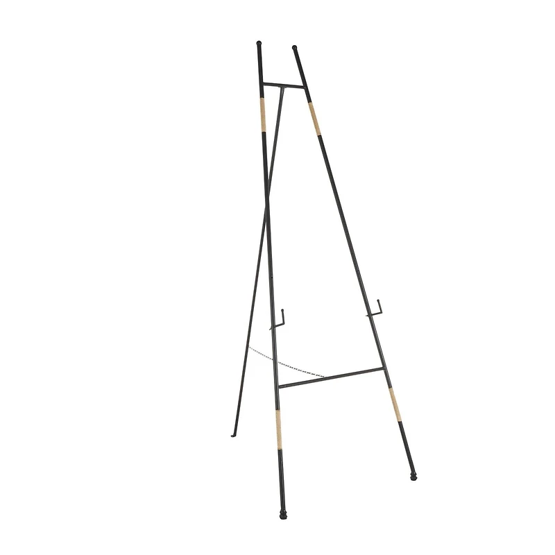64" Black Metal Slim Foldable 2-Tier Easel with Wrapped Rattan Accents