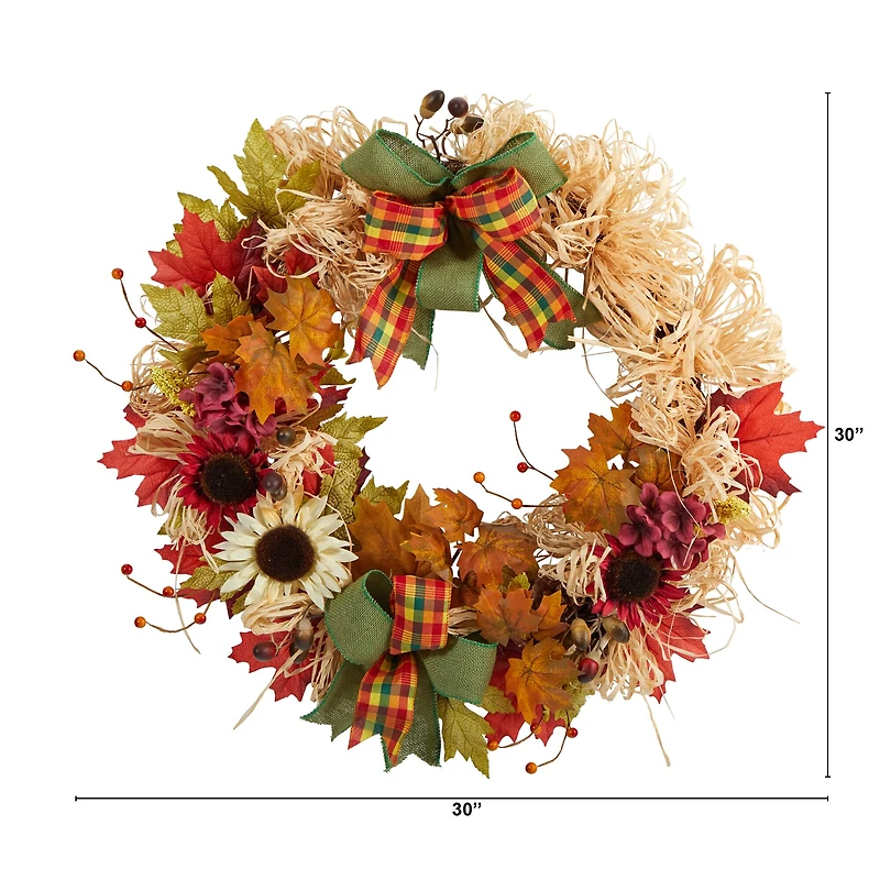 30" Harvest Autumn Sunflower, Maple Leaves & Berries Fall Wreath