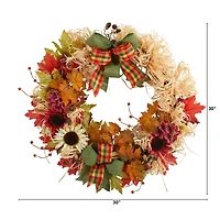 30" Harvest Autumn Sunflower, Maple Leaves & Berries Fall Wreath