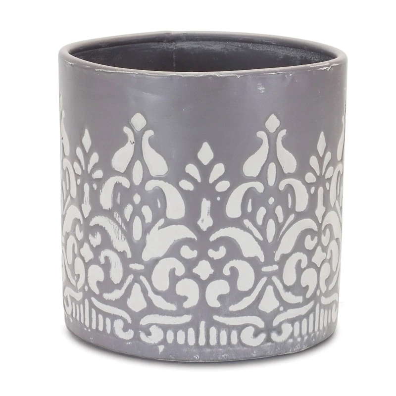 Gray Ornate Metal Planter Set