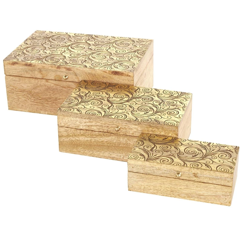 Brown & Gold Mango Wood Scroll Storage Box Set