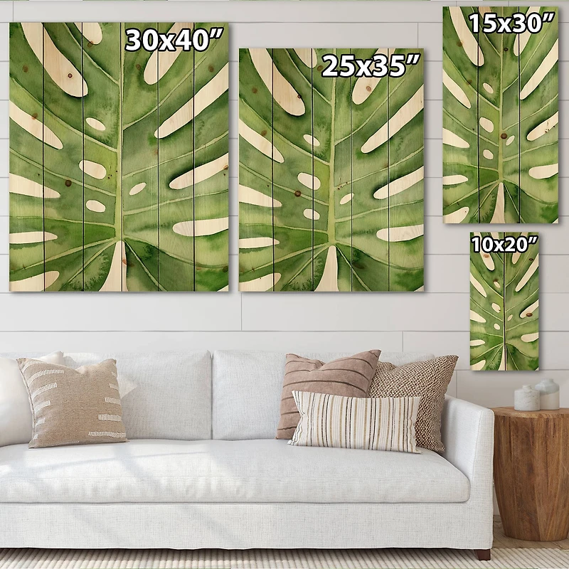 Designart - Green Monstera Leaf Tropical Palm Botanical Detail - Tropical Print on Natural Pine Wood