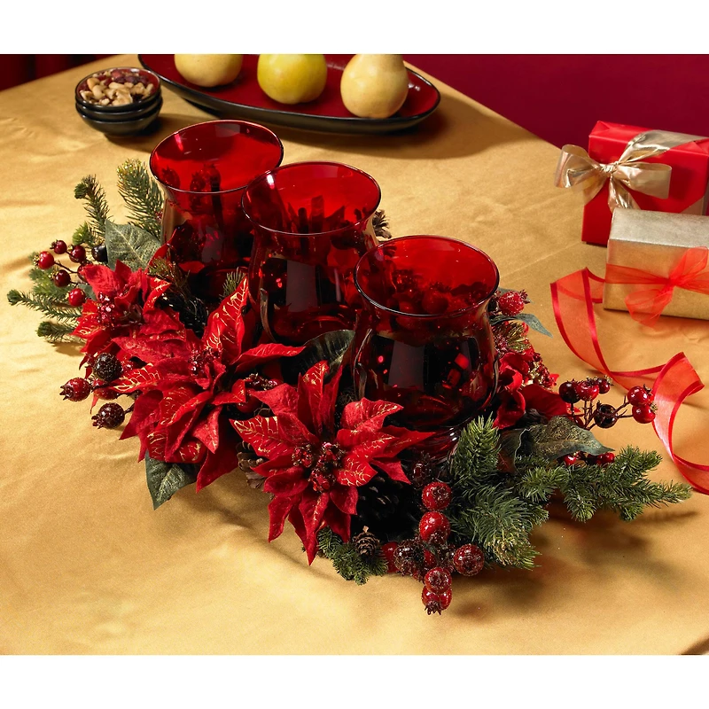 Poinsettia & Berry Triple Candelabrum Artificial Arrangement