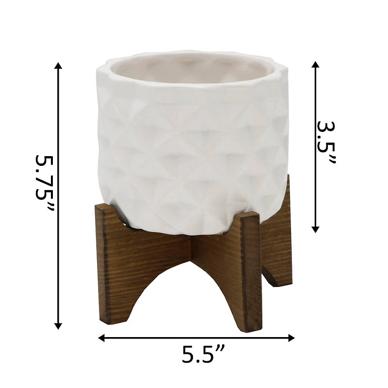 Flora Bunda 5" Matte White Ceramic Dimple Pattern Planter On Wood Stand