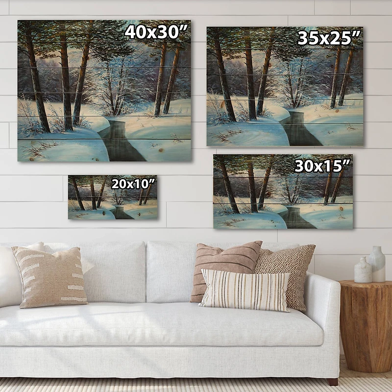 Designart Christmas Forest with River & Trees III Print on Natural Pine Wood