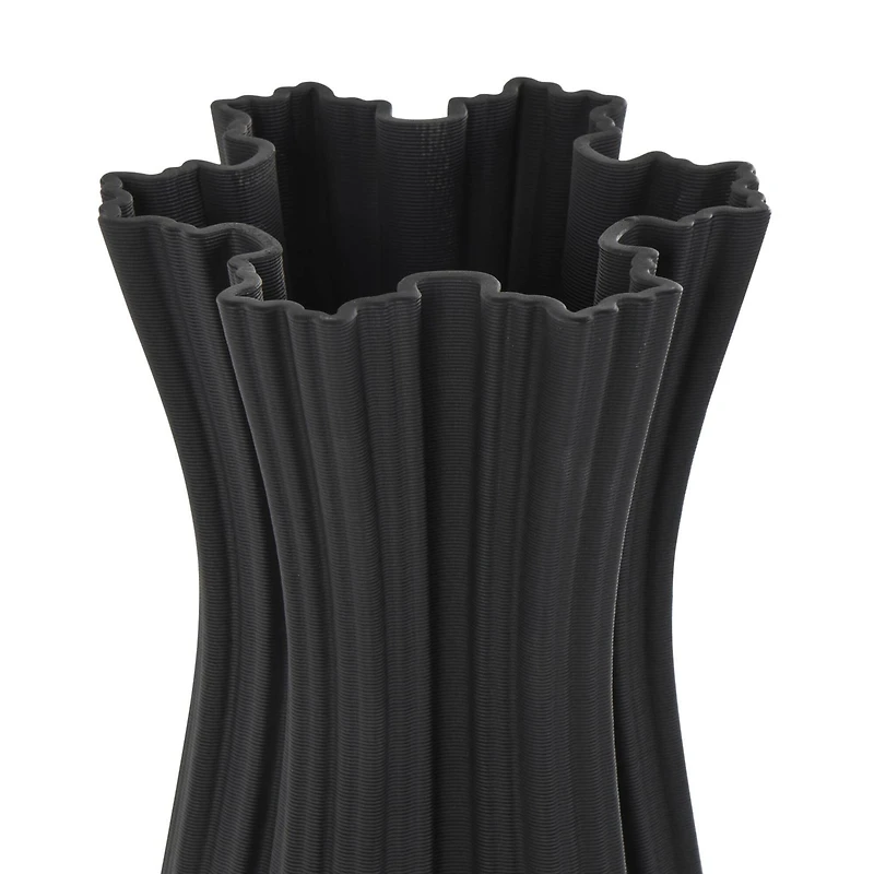 Black Contemporary Abstract Ribbed Ceramic Tulip Vase