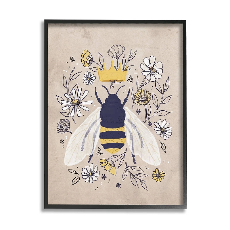 Stupell Industries Queen Bee with Crown Yellow White Daisy Florals in Frame Wall Art
