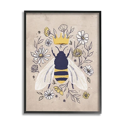Stupell Industries Queen Bee with Crown Yellow White Daisy Florals in Frame Wall Art