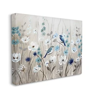 Stupell Industries Birds Floral Meadow Blue White Blossoms Canvas Wall Art