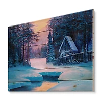 Designart - Winter Landscape & The River House In The Woods II