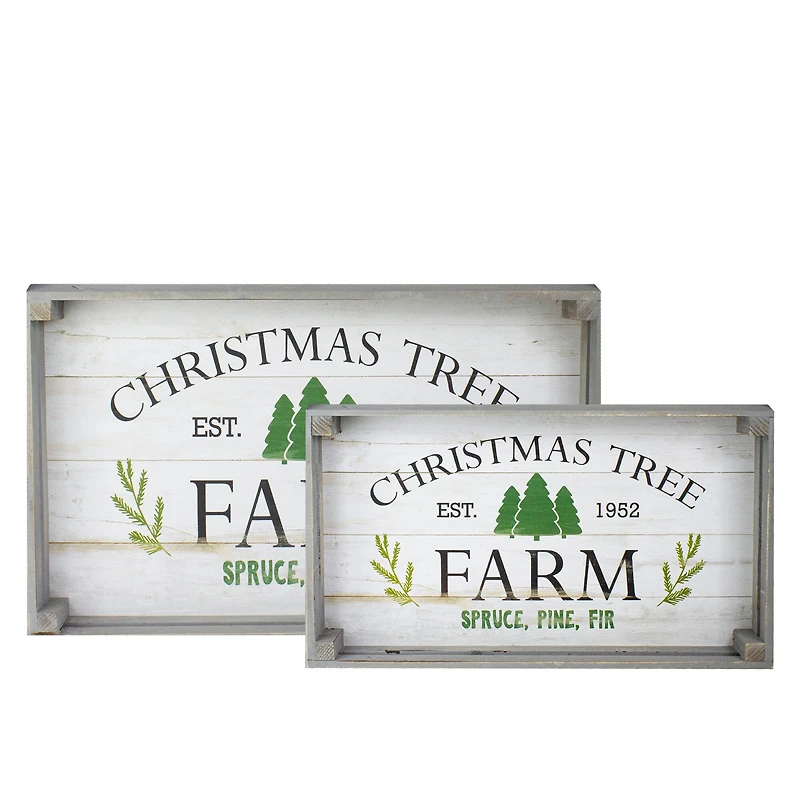 Gray & White Farm Fresh Christmas Trees Wooden Tray Hanging Sign Set