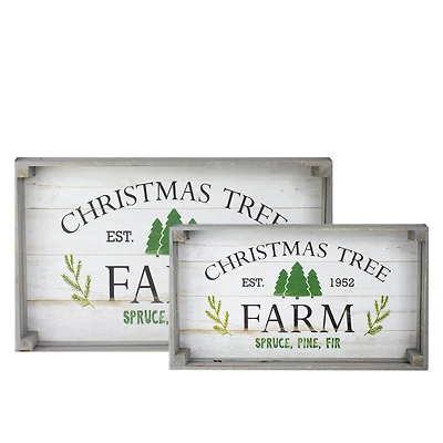 Gray & White Farm Fresh Christmas Trees Wooden Tray Hanging Sign Set