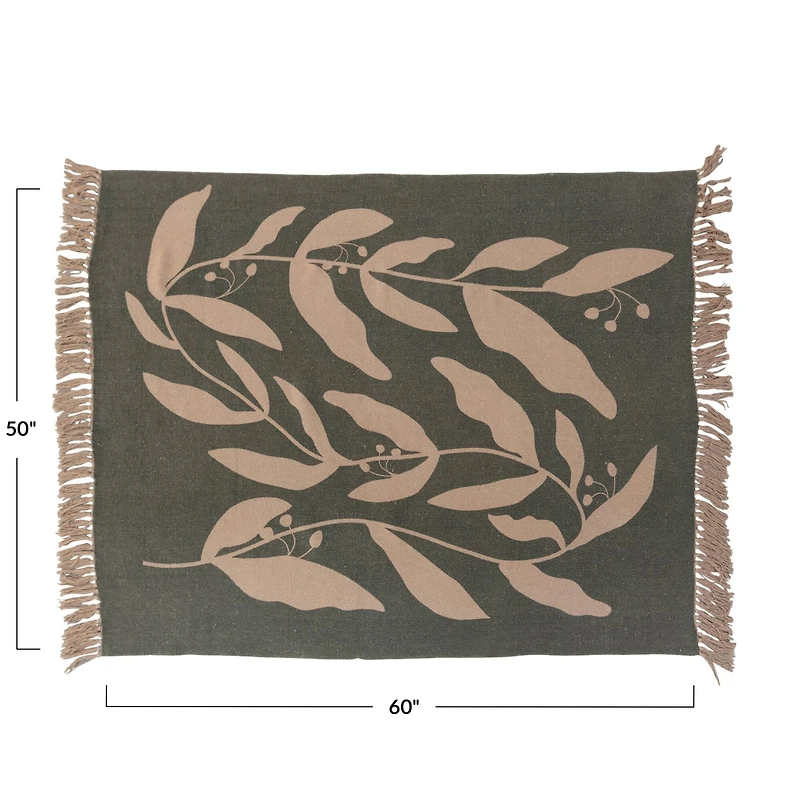 Hello Honey® Recycled Cotton Blend Printed Throw Blanket with Fringe, Green and Tan