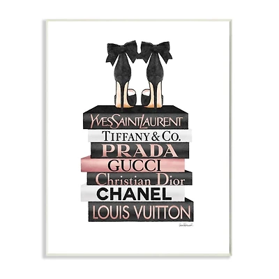 Stupell Industries Elegant Black Bow Heals on Glam Designer Bookstack Wood Wall Plaque