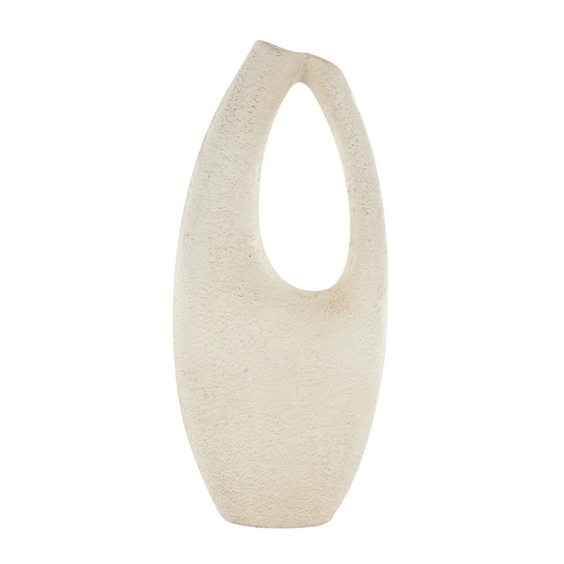 17.5" Cream Paper Mache Abstract Curved Cutout Vase with Brown Distressed Texturing