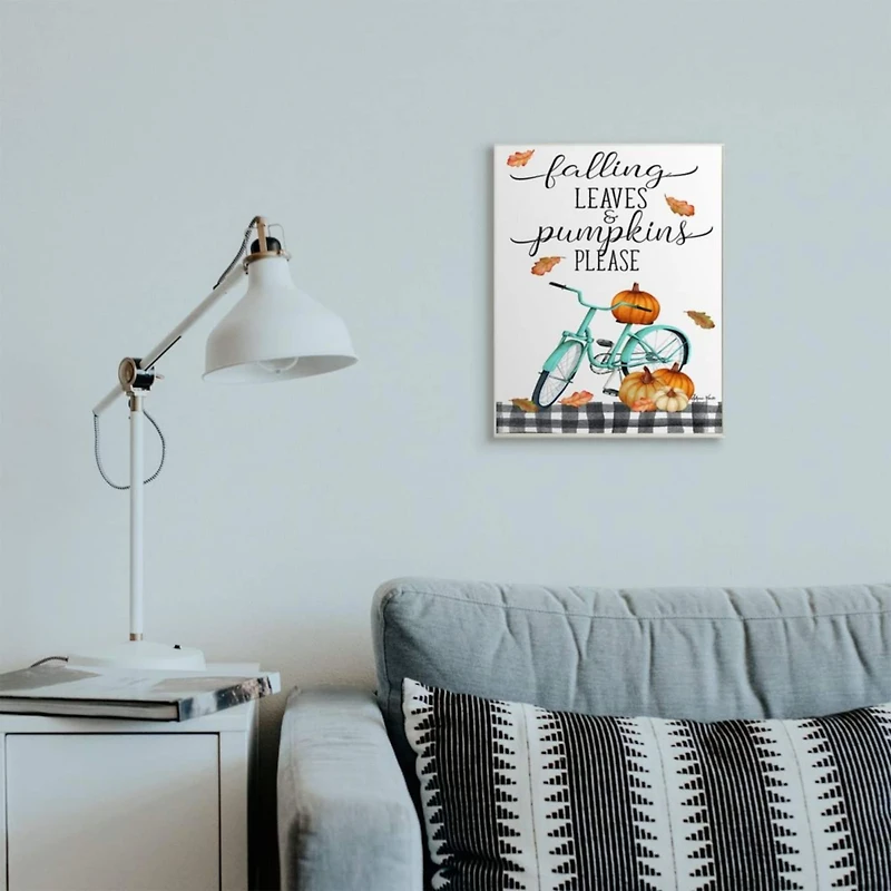Stupell Industries Fall Leaves Pumpkin Sign Autumn Turquoise Bicycle, 13 x 19