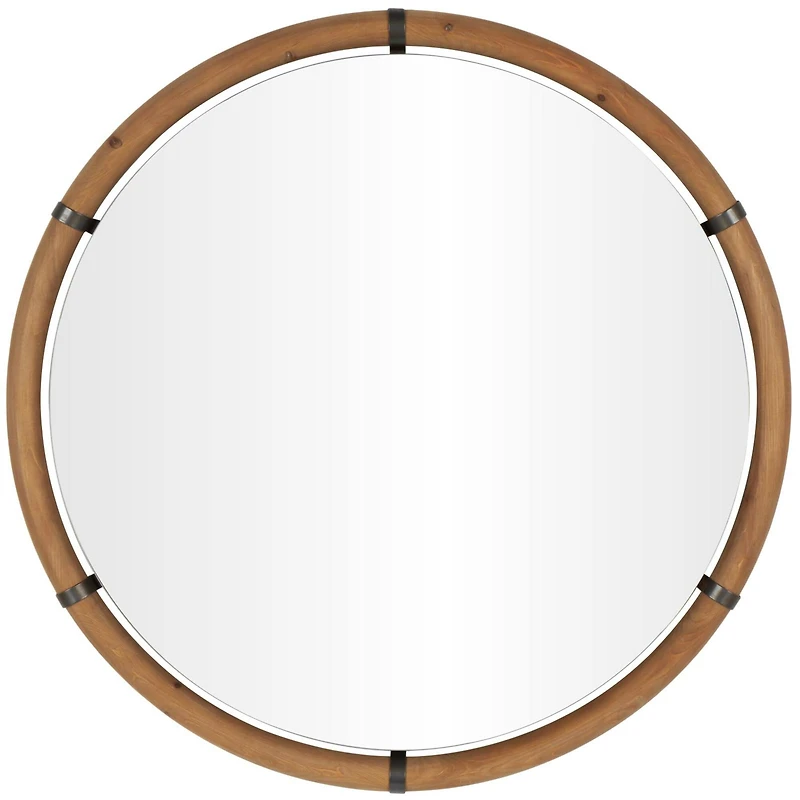 40" x 40" Brown Wood Round Design with Brass Metal Support Wall Mirror