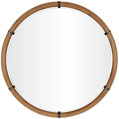 40" x 40" Brown Wood Round Design with Brass Metal Support Wall Mirror
