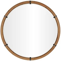 40" x 40" Brown Wood Round Design with Brass Metal Support Wall Mirror