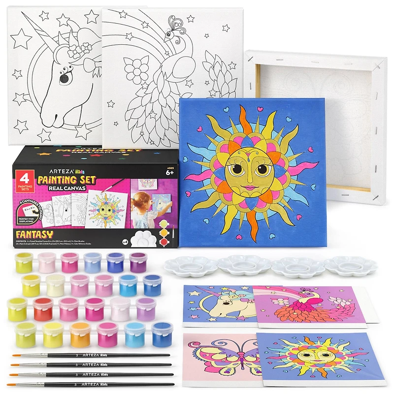 Arteza® Kids Canvas Paint Kit, 4 8x8 Canvas with Brushes & Paints Fantasy