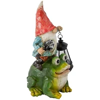 12.5" LED Solar Lighted Gnome & Frog Outdoor Garden Statue