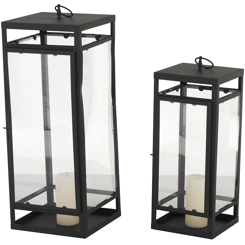 Black Minimalist Candle Lantern with Ring Handles Set
