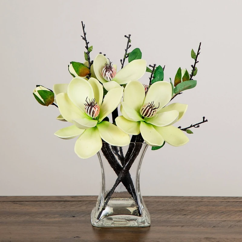 15" White Magnolia Arrangement with Glass Vase