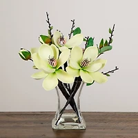 15" White Magnolia Arrangement with Glass Vase