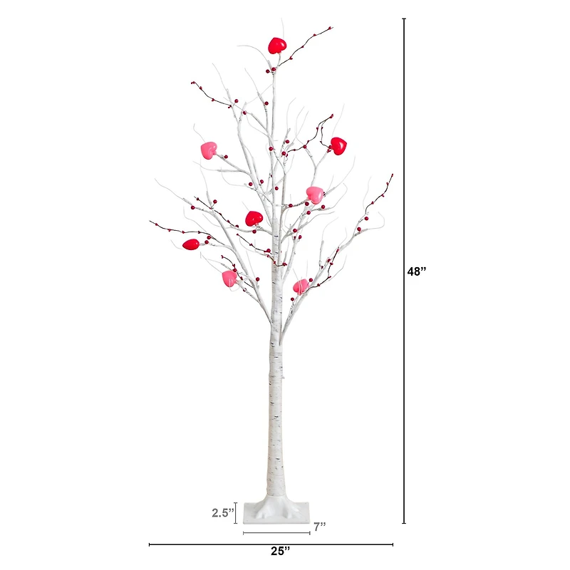 4ft. Pre-Lit Artificial Valentine's Day Twig Tree with 48 Heart Shaped LED Lights and Red Berries