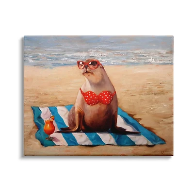 Stupell Industries Polka Dot Bikini Sea Lion Tropical Drink Beach Scene Canvas Wall Art