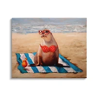 Stupell Industries Polka Dot Bikini Sea Lion Tropical Drink Beach Scene Canvas Wall Art