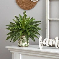 15" Boston Fern Artificial Plant with Tuscan Ceramic Green Scroll Planter