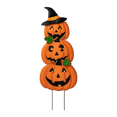 Glitzhome® 3.3ft. Halloween Lighted Metal Stacked Jack-O-Lantern Yard Stake Set
