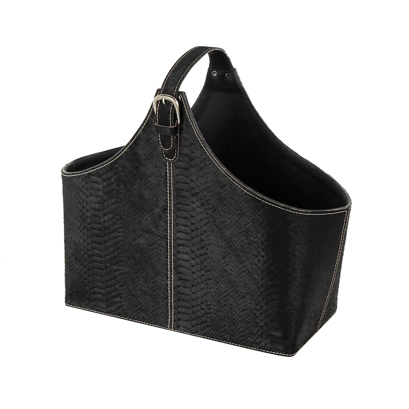 17" Black Leather Handmade Box Style Decorative Magazine Holder with Detail Stitching & Curved Buckle Handles