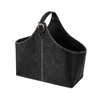 17" Black Leather Handmade Box Style Decorative Magazine Holder with Detail Stitching & Curved Buckle Handles