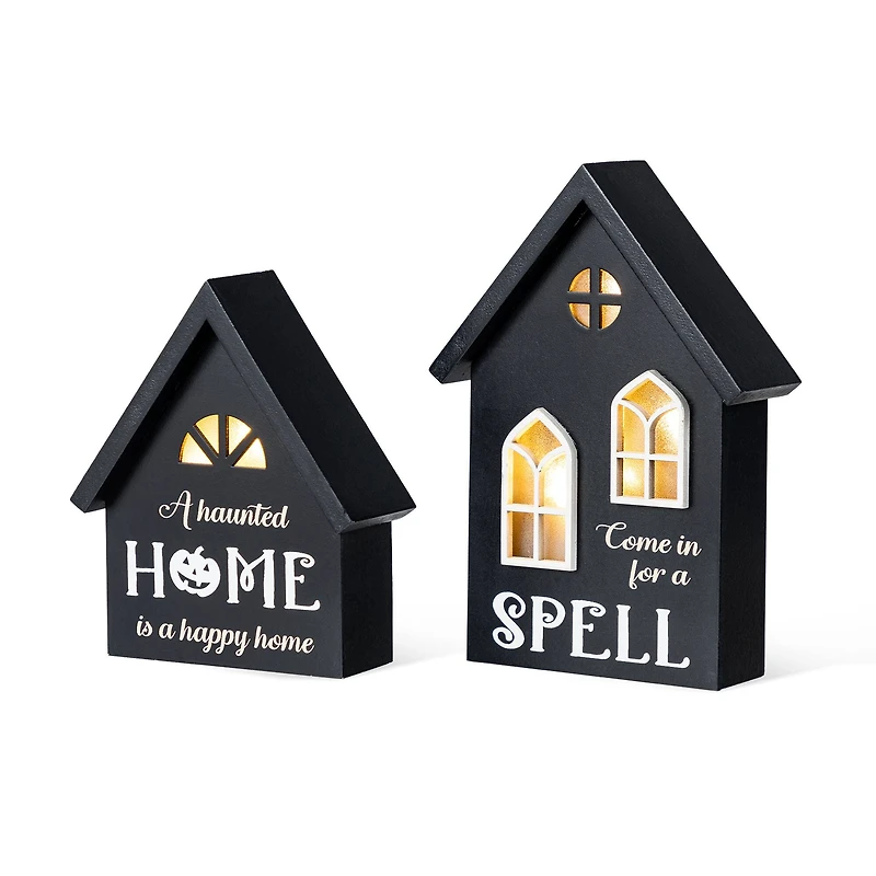 Glitzhome® 8"H Lighted Halloween Wooden House-shaped Table Decor Set