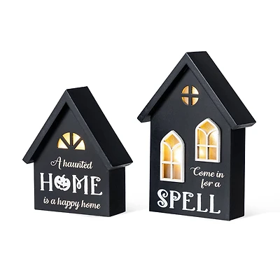 Glitzhome® 8"H Lighted Halloween Wooden House-shaped Table Decor Set
