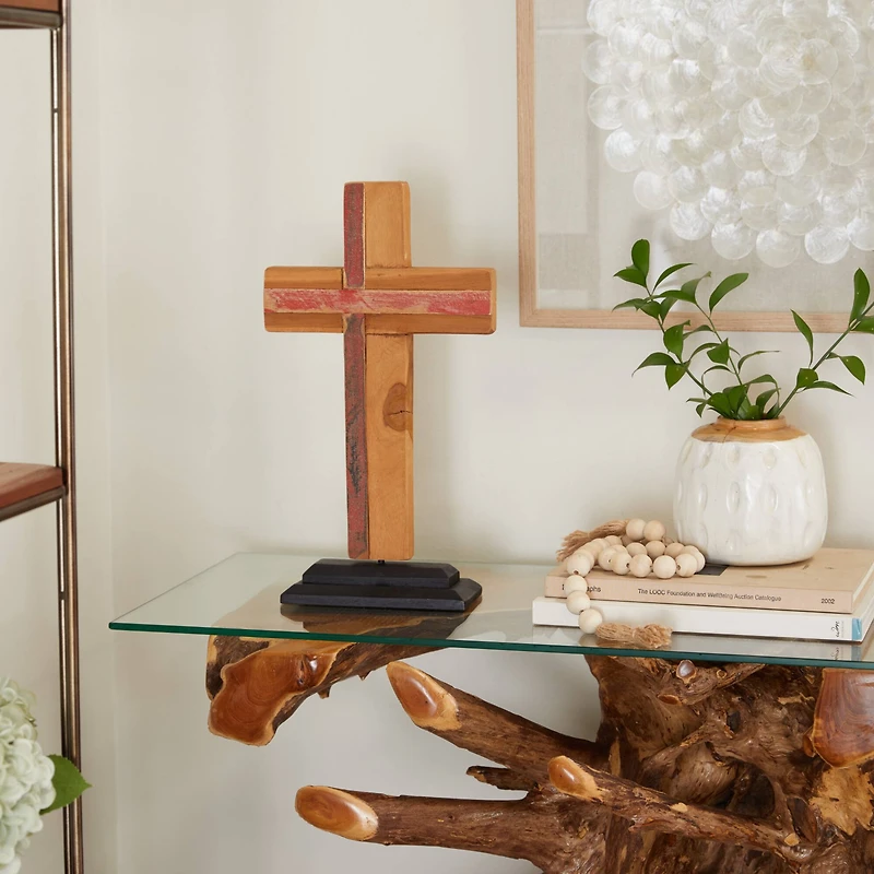 18" Brown Wood Modern Cross Sculpture