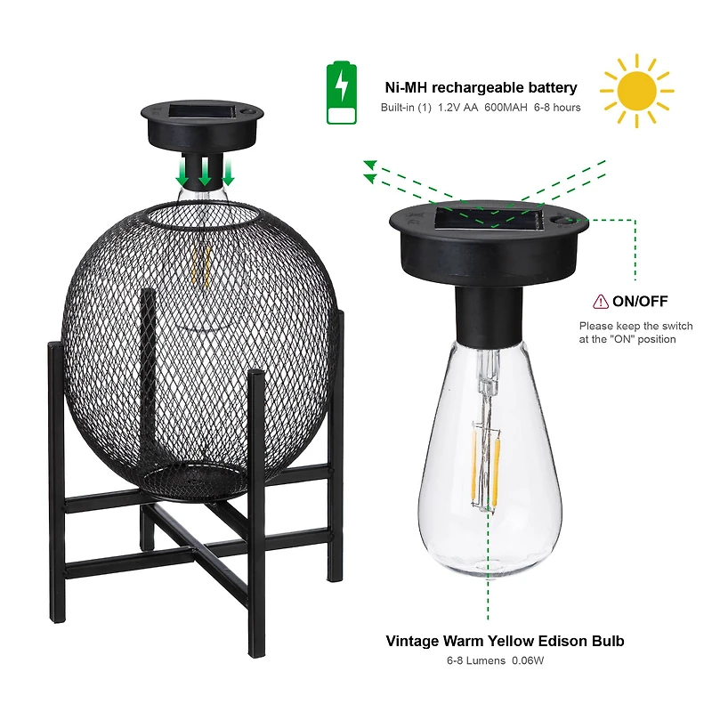 Glitzhome® 11.5" Metal Mesh Black Solar Powered Lantern with Stand, 2ct.