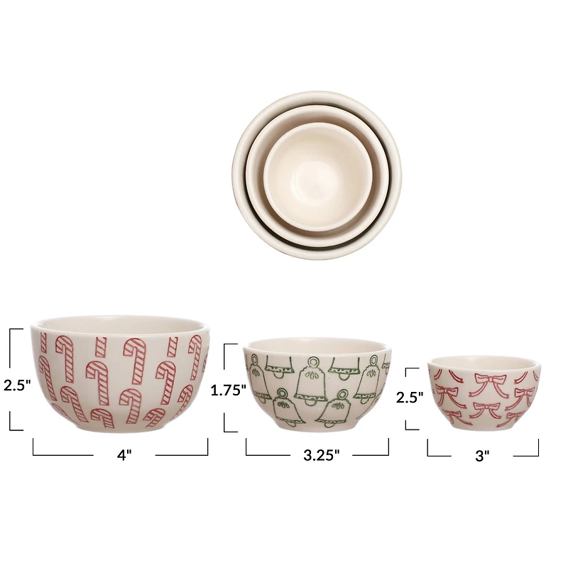 Hello Honey® Red, Green & Cream Hand-Stamped Holiday Icon Stoneware Nesting Bowl Set