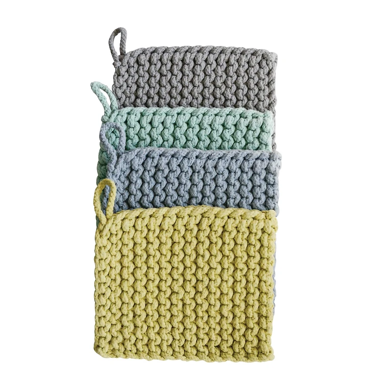 Hello Honey® 8" Blue, Gray, Yellow & Green Square Cotton Crocheted Pot Holder Set