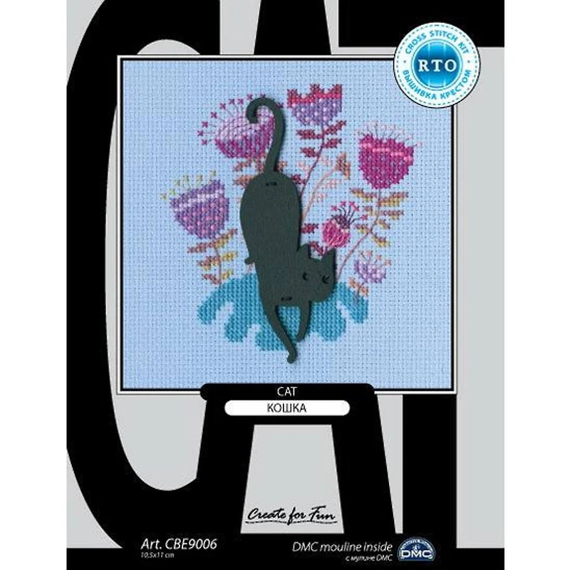 RTO Black Cat with Pink Flowers Cross Stitch Kit