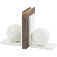 7" White Marble Sleek Orb Geometric Bookends with L-Shaped Bases Set