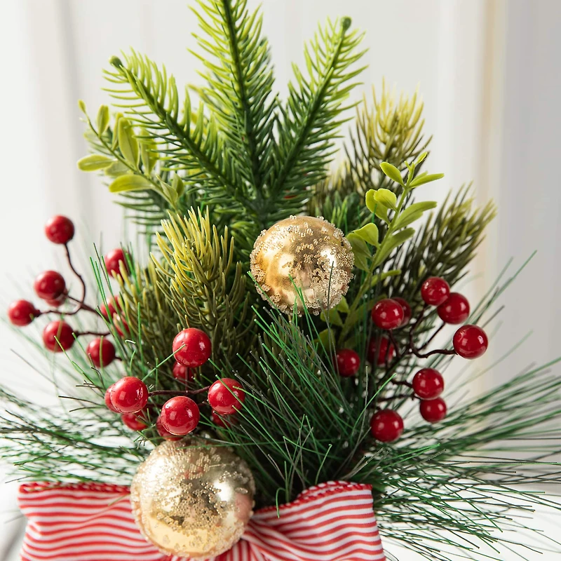 Glitzhome® 14" Christmas Red Boot with Pine Needle & Berry Centerpiece