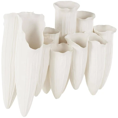 14" White Ceramic Abstract Floral Inspired Decorative Vase with Linear Grooves & 10 Openings