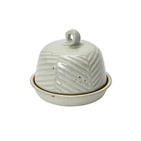 Hello Honey® 6" Embossed White Reactive Glaze Domed Stoneware Dish with Handle