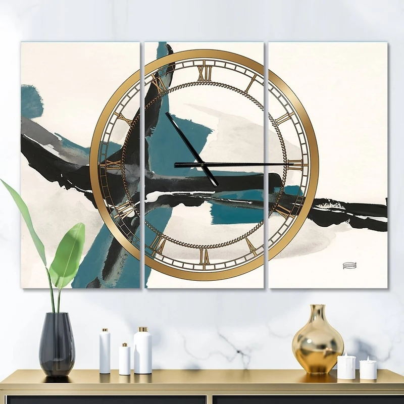 Designart Glam Cerulean 3 Panel Modern Wall Clock