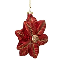 Red & Gold Glittery Poinsettia Glass Christmas Ornament