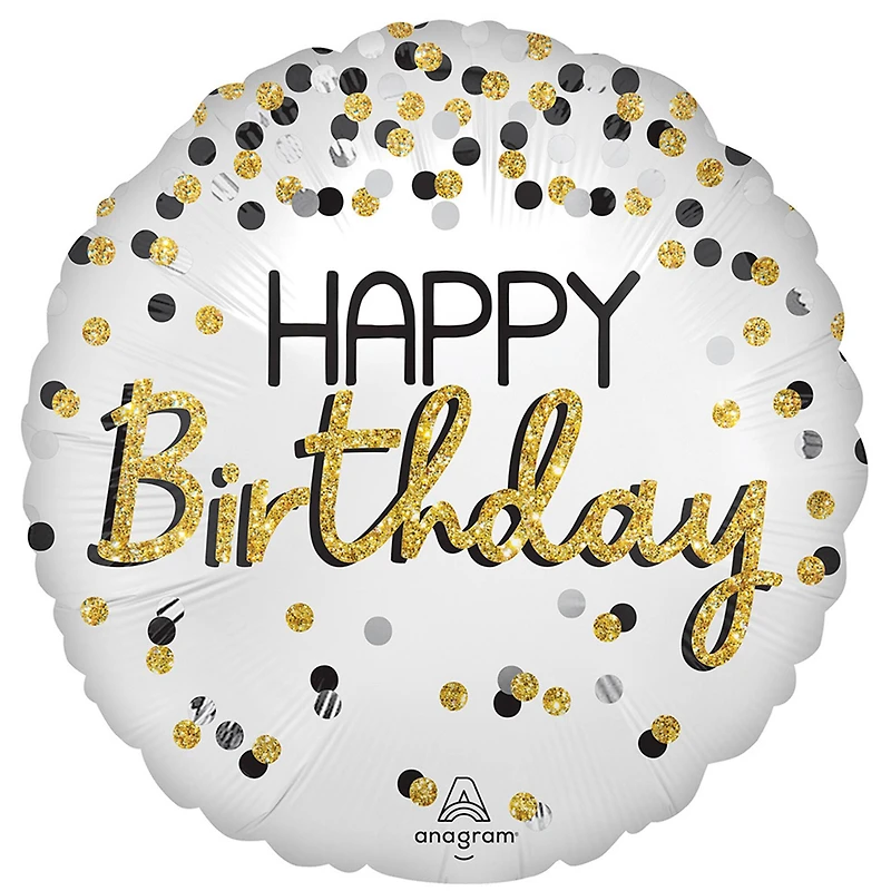 17" Satin Black, Silver & Gold Birthday Mylar Balloon
